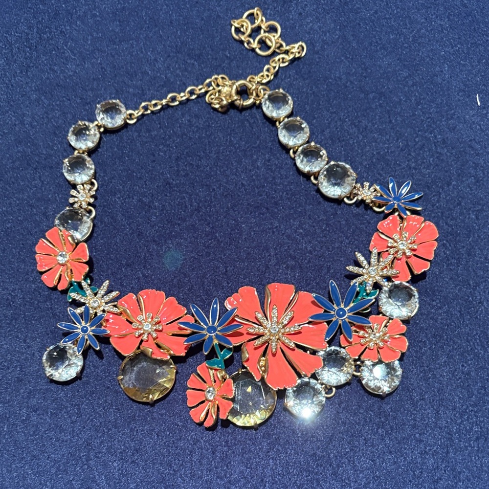 J Crew Floral Statement Necklace - Coral & Blue Flower Bib Necklace